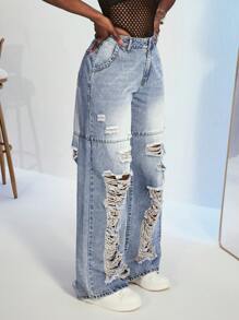 Slaydiva Damen Lässig Destroyed einfache modische Jeans, Alltagskleidung - Blau - Übersicht 4