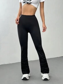 Flirla Low Waist Ruched Hem Flare Leggings, Versatile Base Layer Fall Cloth For Women - Black - View 4