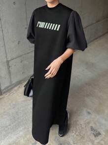 FRIFUL Women's Colorblock Letter Print Midi Dress With Funnel Neck And Puff Sleeves Sundress - Black - View 6
