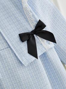 SHEIN Young Girl Front Button Long Sleeve Bow Decor Simple Jacket And Dress Set - Blue - View 3
