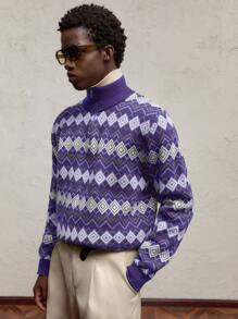 AKNOTIC Party 圣诞节男士撞色立领半拉链落肩休闲毛衣，适合圣诞节、新年、日常穿着、秋冬季，绿色菱形提花配金属拉链门襟 - 紫色 - 查看 6
