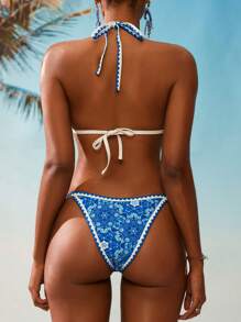 SHEIN Swim Women's Floral Print Halter Neck Bikini Set, Sexy Summer Beach Vacation Swimwear