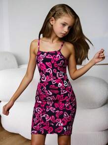 Tween Girls Pink With Black Full Heart & Letter Print Elastic Fitted Cami Dress Outfit, Lively And Cute Design For School, Outings, Party, All Seasons