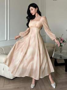DAZY Robe mi-longue en mousseline de soie à imprimé floral, convenant pour un premier rendez-vous au printemps/automne. Robe élégante à manches longues, robe de Pâques - Nude - Voir 4