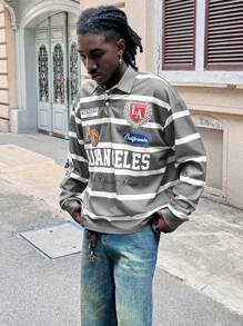 AXEPEAK 男士数码印花宽松针织长袖 Polo 衫 - 灰色 - 查看 2