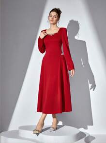 Poshira Women's Square Neckline Puff Sleeve Ruffled Midi Dress - Red - View 4