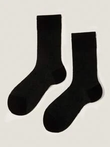 Muvela Chaussettes montantes couleur unie brodées pour femmes, décontractées pour un port quotidien - Noir - Voir 1