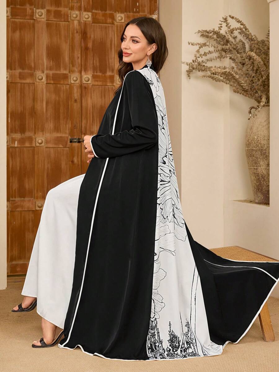 Al Najma Plus Size Women's Floral Print Color Block Elegant Kaftan Abayas - Black and White - View 1
