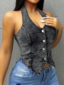 SHEIN Tall Women's Denim Tank Top, Sexy Ruched Halter Backless, Blue Tall Women Tall Women Summer Tops Tube Top Crop Tops Going Out Tops Black Top Concert Women Tall Women