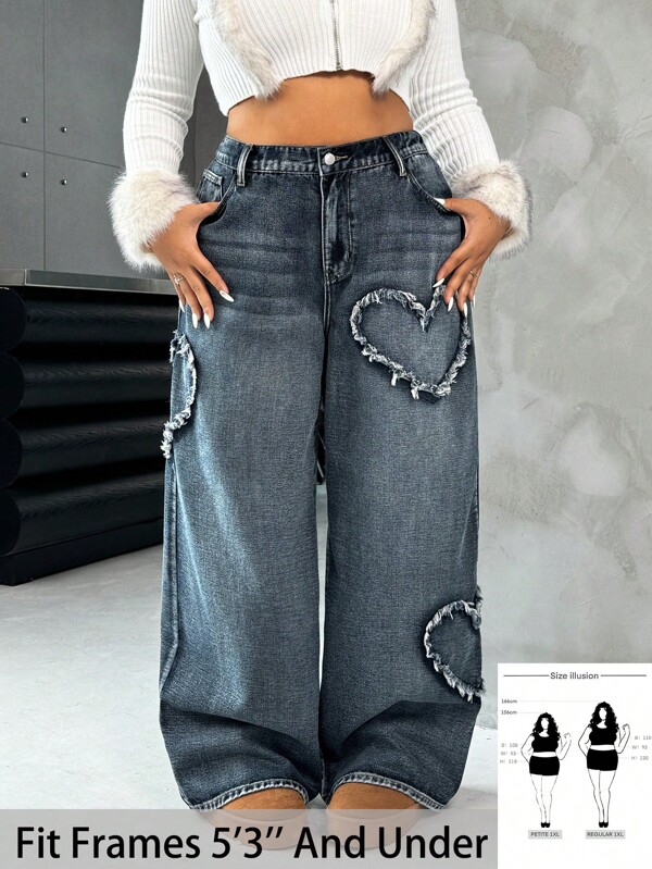 SHEIN PETITE CURVE Plus Size Women Heart Frayed Vintage Blue Denim Wide Leg Pants,Blue Check,Winter,Casual,Graduation,Summer,Spring,Office,Cottagecore,Old Money,Rodeo