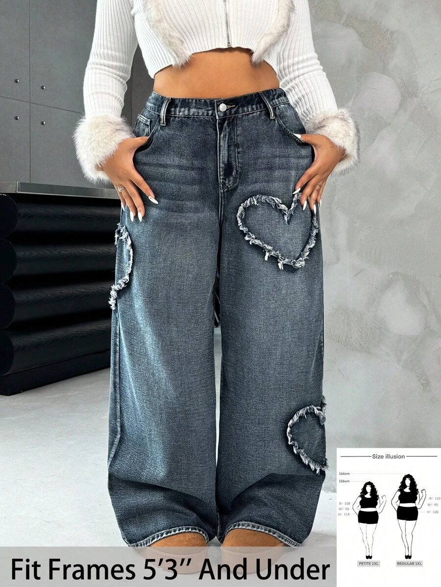 SHEIN PETITE CURVE 大码女式心形磨边复古蓝色牛仔阔腿裤，夏季、度假女士、复活节、春季、西部、女性办公室、狂欢、婴儿洗礼、乡村风格、乡村女性、老钱风格女性、外出、节日、牛仔竞技、机场 - 藍色 - 查看 1
