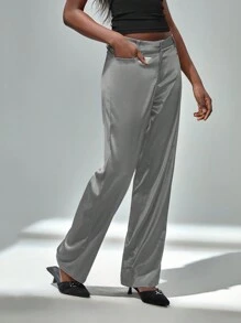 SHEIN Unity 时尚假日简约灰色缎面亮面修身优雅女裤 - 淺灰色 - 查看 7