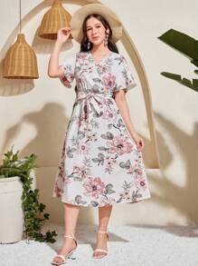 SHEIN Leap Crew 少女花卉印花长款夏季系带 A 字裙，优雅适合夏季、度假、海滩和通勤 - 白色 - 查看 5