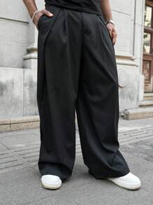 Manfinity Roghcode 男士小众设计多片拼接假两件式宽松日系深色超大阔腿裤男友礼物纯色长款超大纯黑色裤子送给老公 - 黑色 - 查看 3