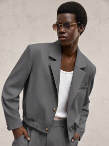 AKNOTIC Party 2pcs Khaki Suit Set For Men, Woven Loose-Fit Padded Shoulder Lapel Collar Long Sleeve Short Elastic Hem Suit Set, Suitable For Daily Wear And Commute, Metal Accessories, Graduation Gift - Dark Grey - View 7