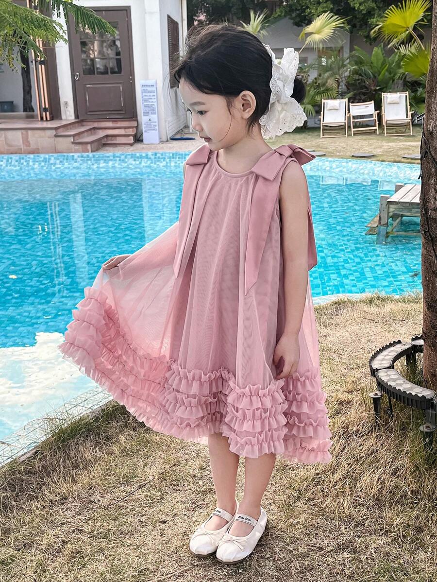 DAZY Young Girl Plain Sleeveless Pleated Ruffle Hem Casual Dress, Girls Summer Outfits - Pink - View 1