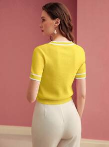 MOTF PREMIUM Áo len nữ tay ngắn màu tương phản, thời trang và đa năng cho mùa xuân/hè thu đông - Màu vàng - Xem 3