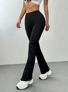 Flirla Low Waist Ruched Hem Flare Leggings, Versatile Base Layer Fall Cloth For Women - Black - View 1