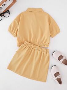 PrepCrw 女童黄色字母刺绣针织领 T 恤/迷你裙套装，春夏