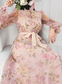 Modelyn 女士花卉印花灯笼袖前扣优雅连衣裙 - 彩色 - 查看 2