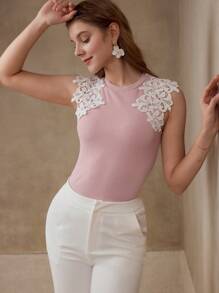 MOTF PREMIUM TOP DE TIRANTES DE ENCAJE GUIPUR CON CONTRASTE - Rosa - Ver 7