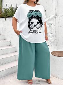 SHEIN CURVE+ 2 pezzi/set di completo maglietta a maniche corte e pantaloni per taglie forti, stile minimalista, moda casual per uso quotidiano