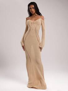 SHEIN BAE Vestido de punto ajustado con hombros descubiertos y lazo delantero de unicolor, ropa de San Valentín, atuendos de vacaciones, atuendos de verano para mujer, suéteres para mujer, vestidos de verano para mujer, atuendos de playa para mujer, ropa occidental para mujer, vestido de suéter para mujer, vestido de verano para mujer en otoño/invierno