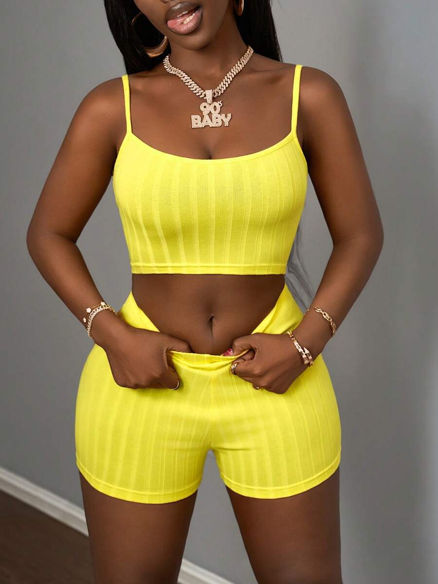 Slaydiva 2pcs/Set Women Solid Color Minimalist Spaghetti Strap Top And Shorts Knit Casual Outfit - Mustard Yellow - View 1
