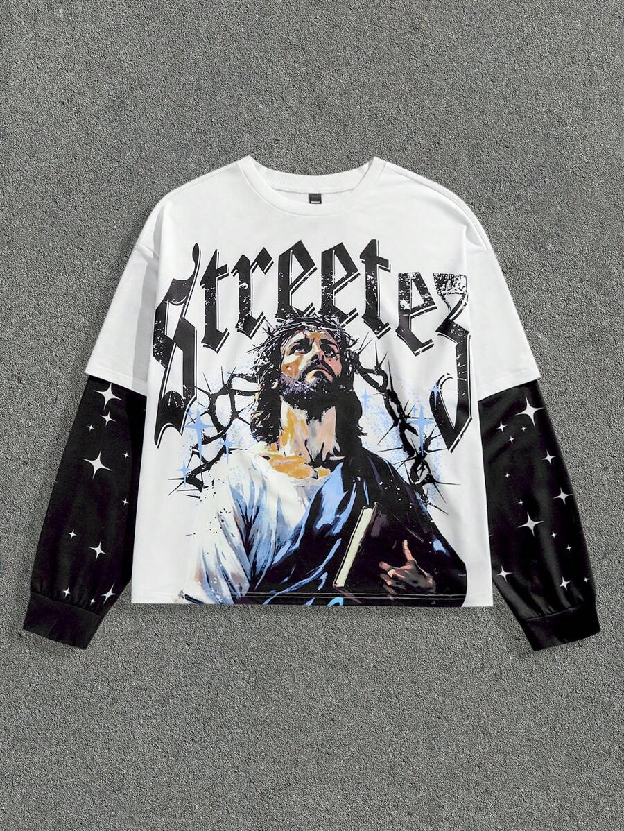 Manfinity NXTstreet Men's Loose Knitted Long Sleeve 2 In 1 T-Shirt With Digital Print - Grey - View 1