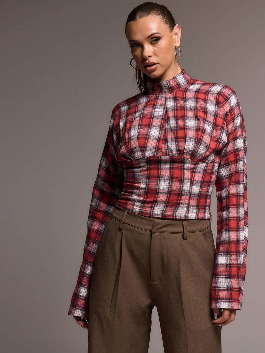 MUSERA High Neck Cinched Waist Long Sleeve Slouch Top Spring Casual Summer Fall - Red - View 1