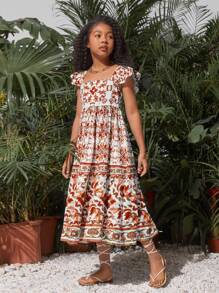 SHEIN Tween Girl Casual Chiffon Square Collar Cap Sleeve Ditsy Floral Dress