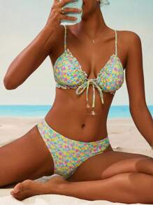 Swim Mod Women's Ditsy Floral Printed Romantic Bikini Set Swimwear Set For Spring, For Summer Beach Vacation - Mint Green - View 5