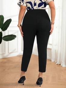 Miaspire Plus Size Casual Plain High Waist Slim Pants,Spring/Summer/Vacation - Black - View 2