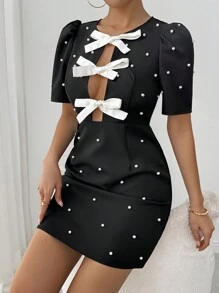 Chiquease Women's Elegant Contrast Hollow Out Bowknot Detail Dress - Black and White - View 5