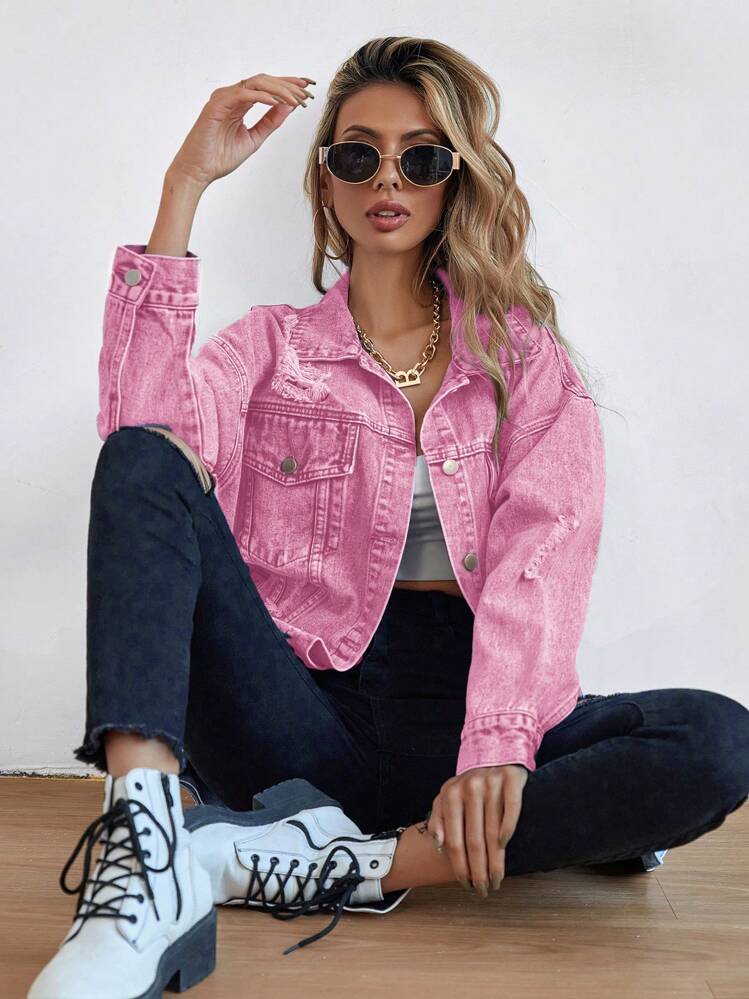 SHEIN Essnce Casual Washed Vintage Distressed Denim Jacket Winter Thanks Giving Pink - Pink - View 5