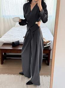 DAZY 2 件套精致时尚套装，包括收腰上衣和阔腿裤，优雅女装 - 灰色 - 查看 3