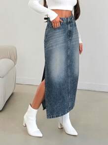 RueChic WOMEN HIGH WAIST SLASH DETAIL MAXI SKIRT - Medium Wash - View 3