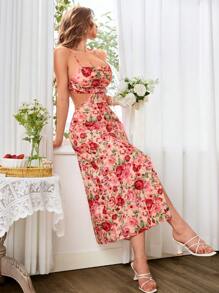 SHEIN VCAY Váy suông hở lưng xẻ cao không tay có cạp chun khoét sâu, trang phục đi nghỉ - Nhiều màu - Xem 5