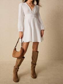 Poéselle Women Solid Color V-Neck Lantern Sleeve Ruched Waist Dress