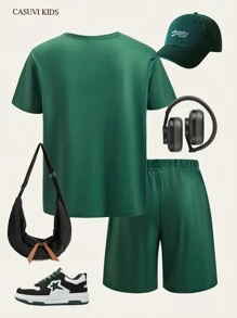 SHEIN Explorewe 2pcs/Set Older Boys Football Sport Cartoon Graphics Crew Neck Short Sleeve T-Shirt And Casual Shorts, Summer New Knit Fabric, Comfortable - Dark Green - View 2