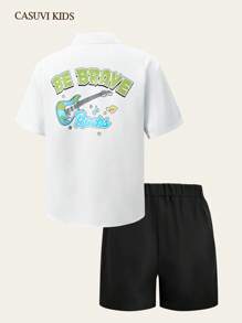 SHEIN Explorewe Conjunto casual de 2 piezas para adolescentes: camisa blanca con cuello y estampado musical en la espalda, y pantalones cortos negros, atuendo para festival de música - Blanco - Ver 1