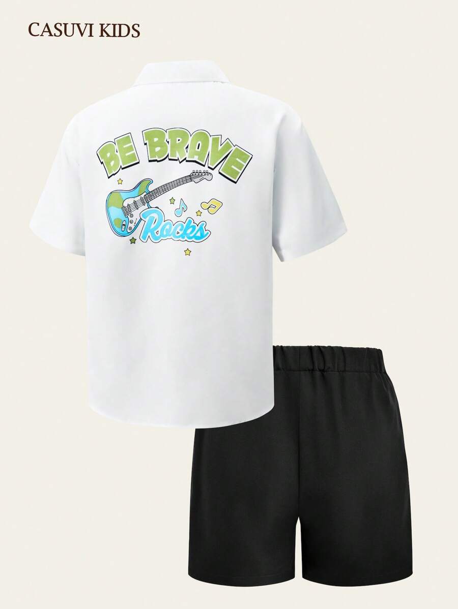 SHEIN Explorewe Conjunto casual de 2 piezas para adolescentes: camisa blanca con cuello y estampado musical en la espalda, y pantalones cortos negros, atuendo para festival de música - Blanco - Ver 1