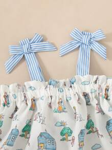 SHEIN Set de 2 piezas con top corto sin mangas holgado con estampado de moño y shorts con puños a rayas para niña, conjunto casual de verano - Multicolor - Ver 7