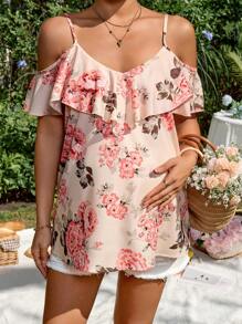 SHEIN Maternity Floral Print Ruffle Relaxed Fit Blouse - Pink - View 5