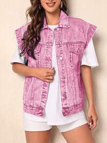 SHEIN Frenchy Women's Simple Fashion Casual Denim Jacket, Everyday Wear - Pink - View 2