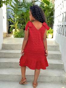 SHEIN Leap Crew Tween Girl Tie Bow Ruffle Trim Sweet Vacation Dress - Red - View 2