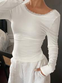 Livesso Women Back Hollow Out Fitted T-Shirt, Casual And Fashionable For Everyday Wear,Halter Top,Fall Clothes Long Sleeve Women Tops - White - View 5