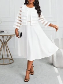 Fleurora Áo cánh ngắn mùa hè cỡ lớn không tay màu trắng yếm váy cơ bản hai mảnh bốn mùa - trắng - Xem 6