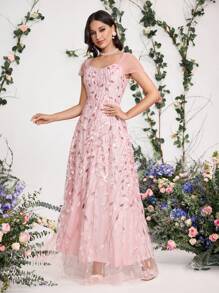 Coutiva Women Elegant Sequin Decorated Net Splice Loose Casual Evening Party Dress, Wedding Guest Dress Music Festival Spring/Summer, Formal Dress,Gown