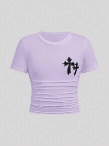 SHEIN Tween Girl Chic Streetwear Knit Round Neck Ruched Short Sleeve Top - Mauve Purple - View 1